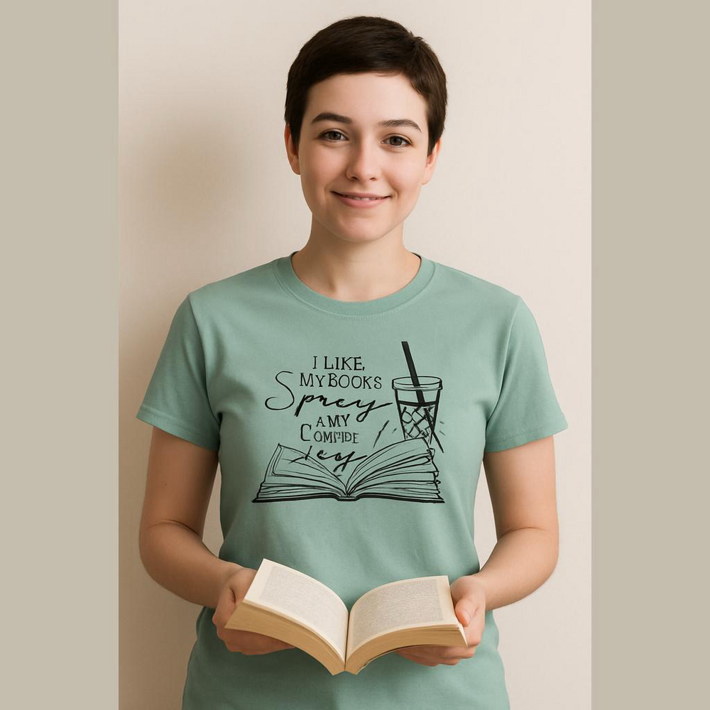 “ I Like My Books Spicey and My Coffee Icy” Short Sleeve Tshirt. Sz Large. Green